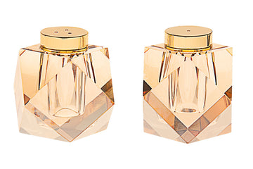 Pair of small cube crystal salt and pepper shakers with gold trimmed caps