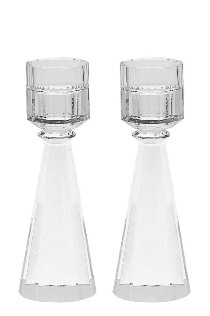 Pair of large clear crystal candlesticks with faceted cone bases and round cups