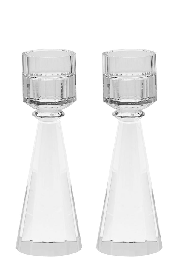 Medium clear crystal candlestick with a plain tapering stem on a square cut base