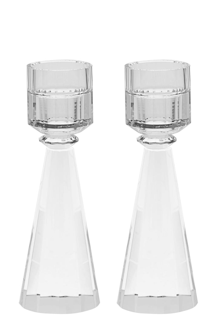 Pair of small clear crystal candlesticks with tapered faceted columns and ridged cups