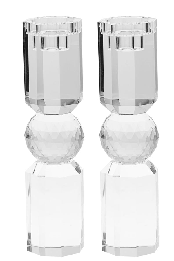 Clear crystal candlestick with a plain stem rising from a small square base