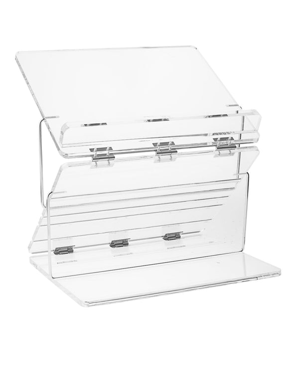 Tall clear lucite bencher holder with Vehogeso printed across the front panel