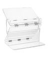Tall clear lucite bencher holder with Vehogeso printed across the front panel