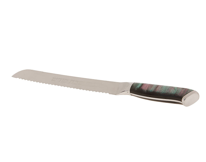 Serrated challah knife with an iridescent dark purple and green handle and silver-tone end cap