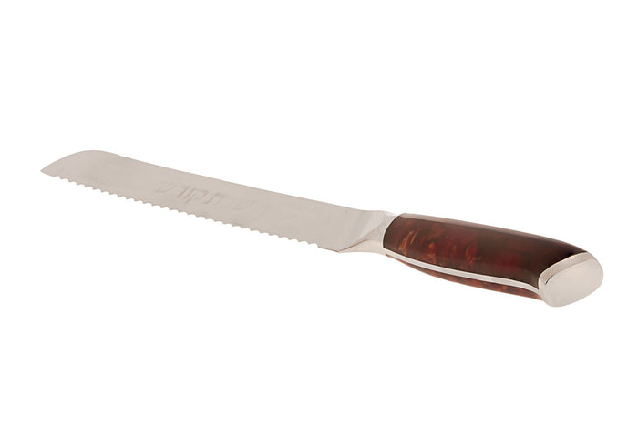 Serrated challah knife with a swirled reddish-brown resin handle and silver-tone cap