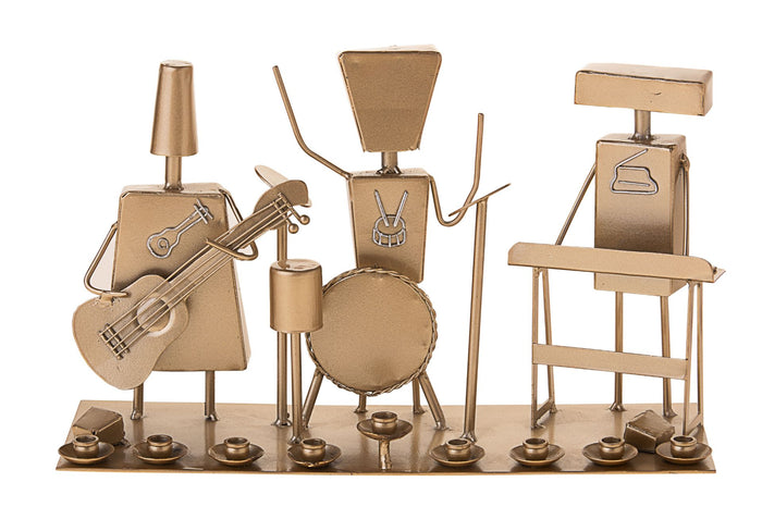 Gold-toned metal menorah with drummer, keyboard player and guitarist figures across the base