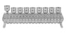 Wide low silver plated menorah with nine candle holders spread along a straight bar