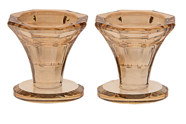 Short gold-toned crystal candlestick with a square base only two inches across