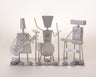 Silver toned metal menorah shaped as three musician figures with candle holders