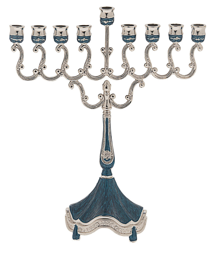 Small silver plated Chanukah menorah with a band of blue running through it