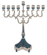 Small silver plated Chanukah menorah with a band of blue running through it