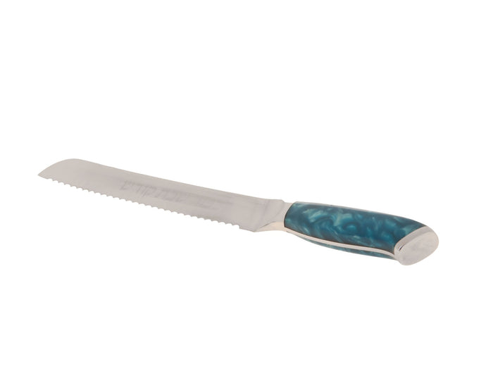 Serrated challah knife with a marbled blue resin handle and a long steel blade