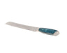 Serrated challah knife with a marbled blue resin handle and a long steel blade