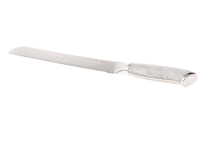 Challah knife with a long serrated steel blade and a smooth white resin handle