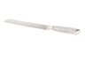 Challah knife with a long serrated steel blade and a smooth white resin handle