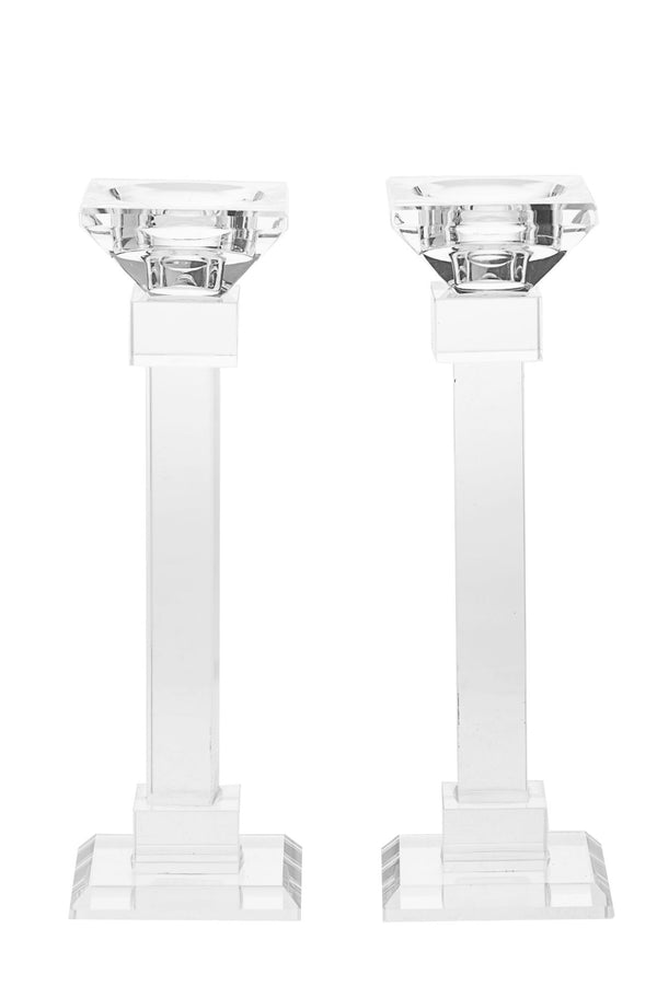 Medium height clear crystal candlestick with a faceted column and a square base