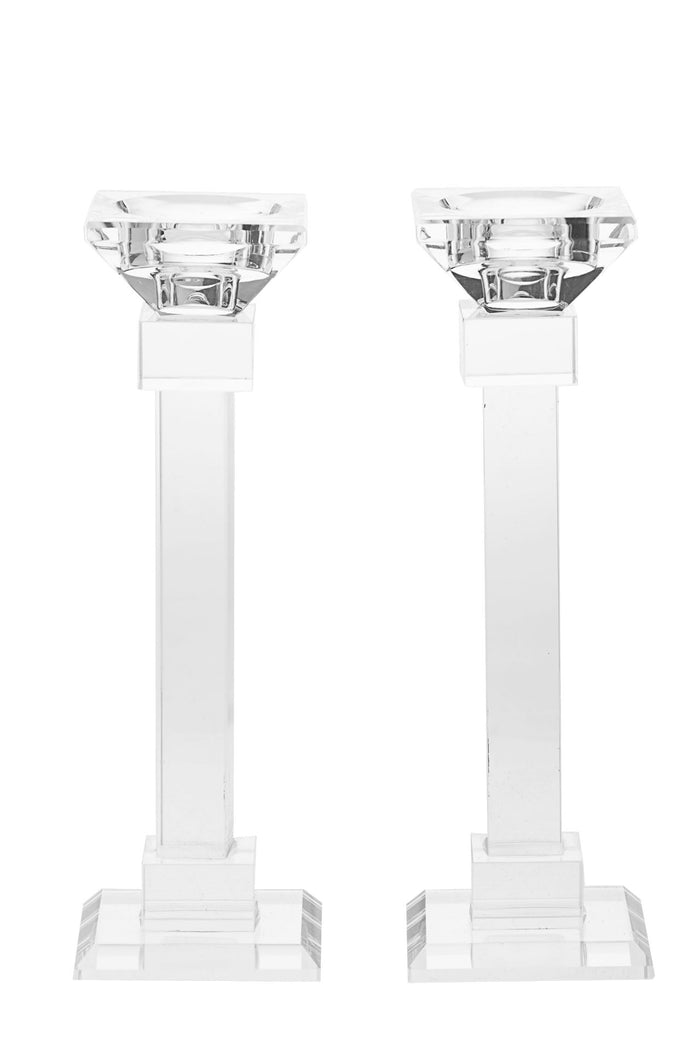 Medium height clear crystal candlestick with a faceted column and a square base