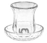 Short clear crystal kiddush cup with gold trim standing on a round crystal tray
