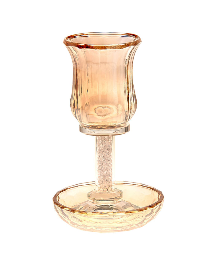 Amber crystal stemmed Kiddush cup with crushed-stone stem on a round amber tray