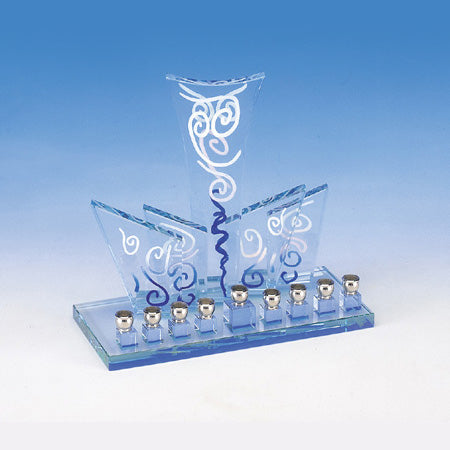 Art deco glass Chanukah menorah with three fanned panels of blue and white swirls above nine small candle cups