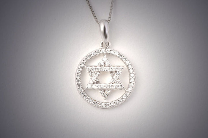 Diamond-set Star of David inside a diamond circle, 14K white gold pendant on box chain