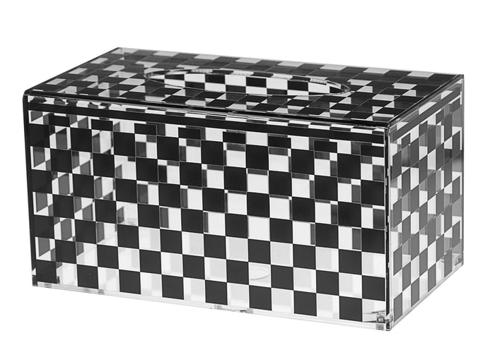 Rectangular Lucite tissue box cover in a black and clear checkerboard pattern