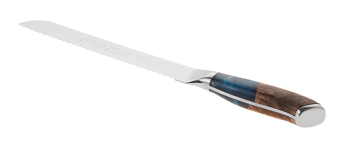 Challah knife with a blue and maple swirled resin handle beside a long straight blade