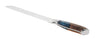 Challah knife with a blue and maple swirled resin handle beside a long straight blade