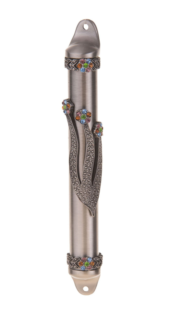 Pewter-tone mezuzah case with textured stems, jeweled flowers and multicolor stone bands