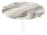 Round marbled lucite seder plate with gold veining, lifted on four short legs