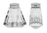 Two plain clear crystal salt and pepper shakers standing side by side