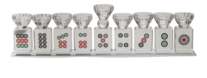 Long clear crystal menorah made up of mah jongg tiles set in a row