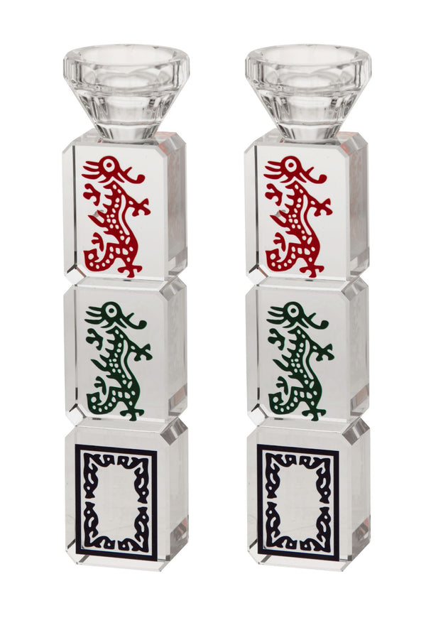 Medium crystal candlestick with mah jongg tiles carved around a slim square stem
