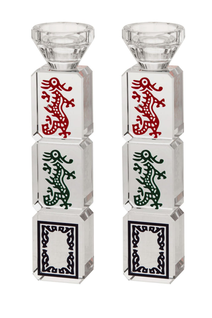 Pair of crystal candlesticks stacked with red, green and white Mahjongg dragon tiles