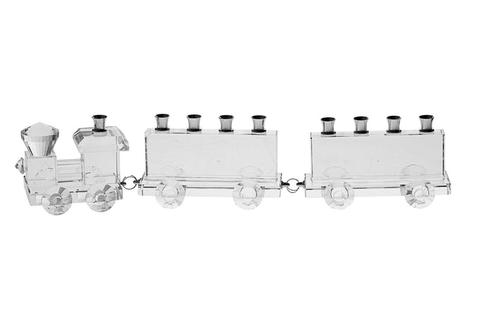 Crystal train menorah with linked carriages each holding a candle along the length