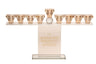 Crystal Chanukah menorah with nine gold tone cups on a straight bar above an upright panel of Hebrew brachos