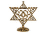 Gold metal Chanukah menorah with a star motif rising from a round base, eight branches plus shamash