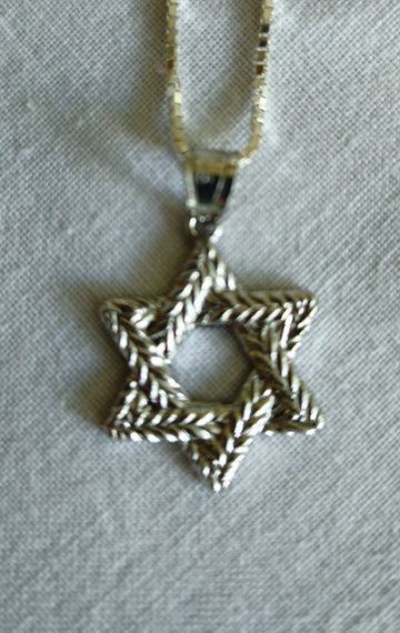 High polished sterling Star of David of braided laurel leaves on a box chain, laid on linen