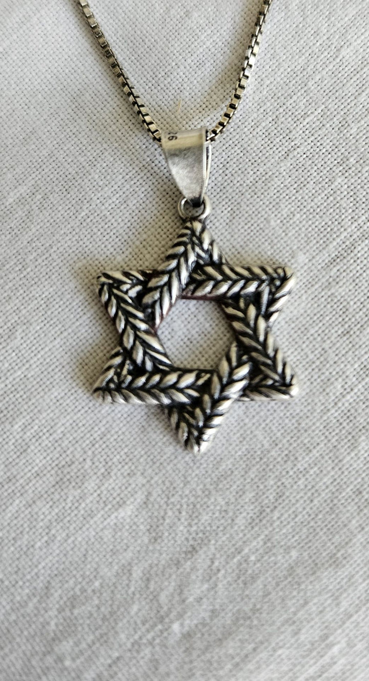 Oxidized sterling Star of David of braided laurel leaves with darkened texture, on a box chain