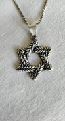 Oxidized sterling Star of David of braided laurel leaves with darkened texture, on a box chain