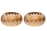 Two faceted amber crystal tea light holders side by side, low rounded shape with cut facets