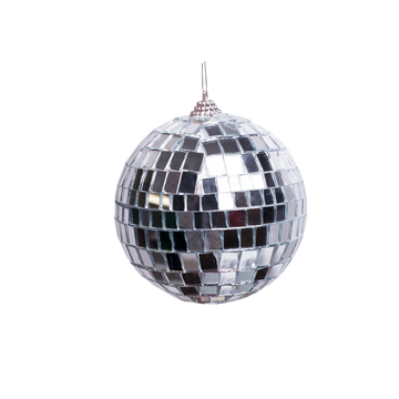 Silver hanging mirror ball covered with small square reflective tiles
