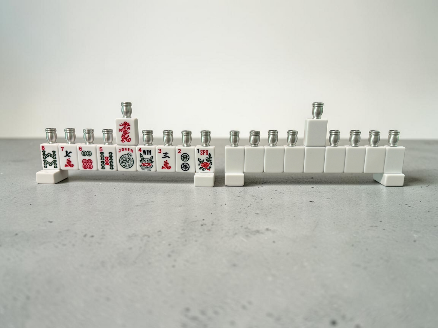 Mah Jongg menorah — repurposed game tiles with numbered aluminum candle cups | Judaica Square Lakewood (view 4)