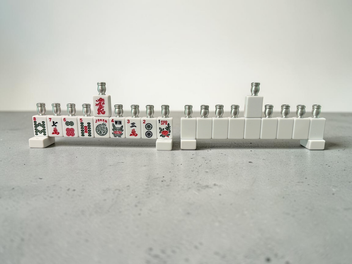 Mah Jongg menorah — repurposed game tiles with numbered aluminum candle cups | Judaica Square Lakewood (view 4)