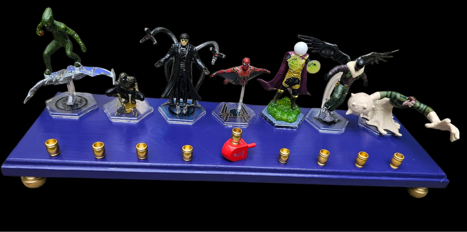 Spiderman menorah — limited edition webslinger figures on a 20-inch wood plaque | Judaica Square Lakewood (view 5)