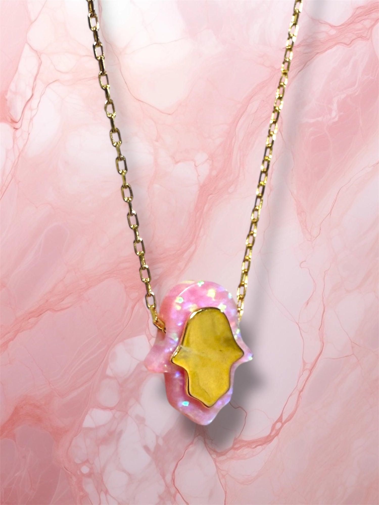 Pink opal hamsa necklace — gold plated sterling pendant | Judaica Square Lakewood (view 3)