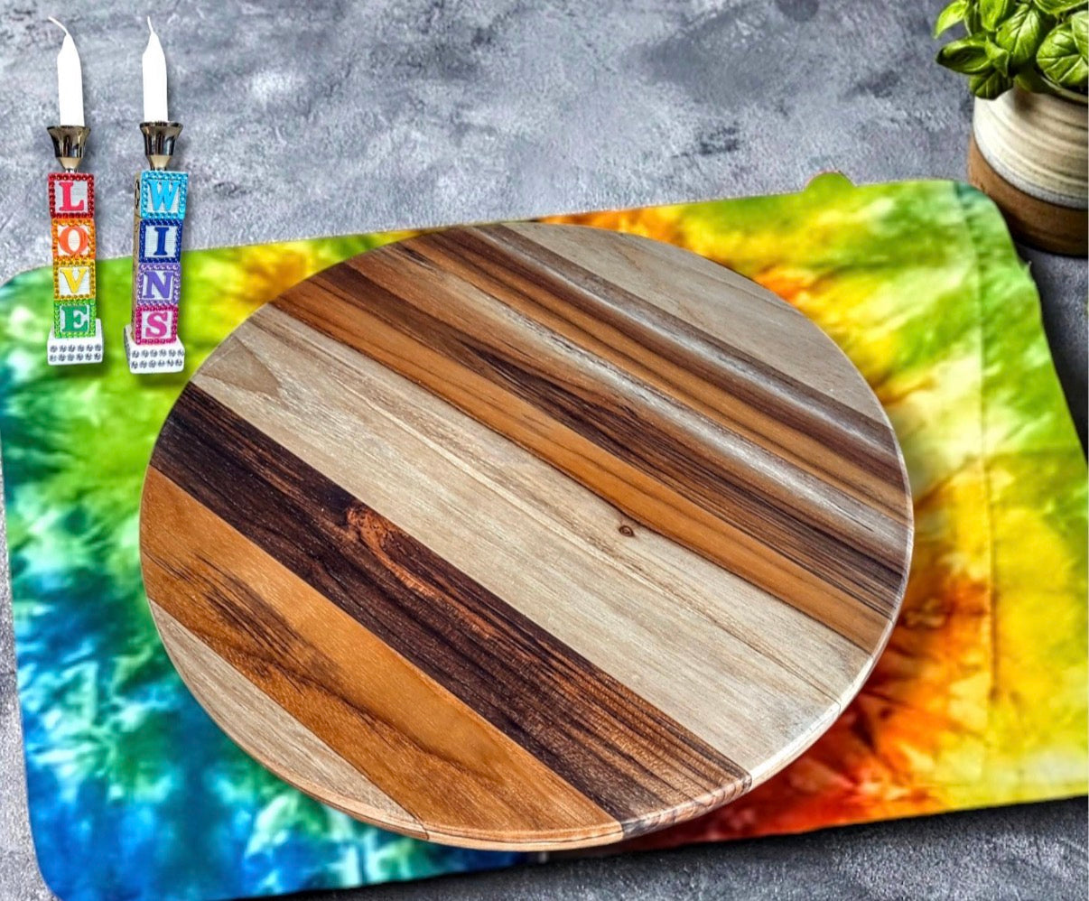 Monogrammed teak serving board — solid wood cutting board engraved with a custom initial | Judaica Square Lakewood (view 3)
