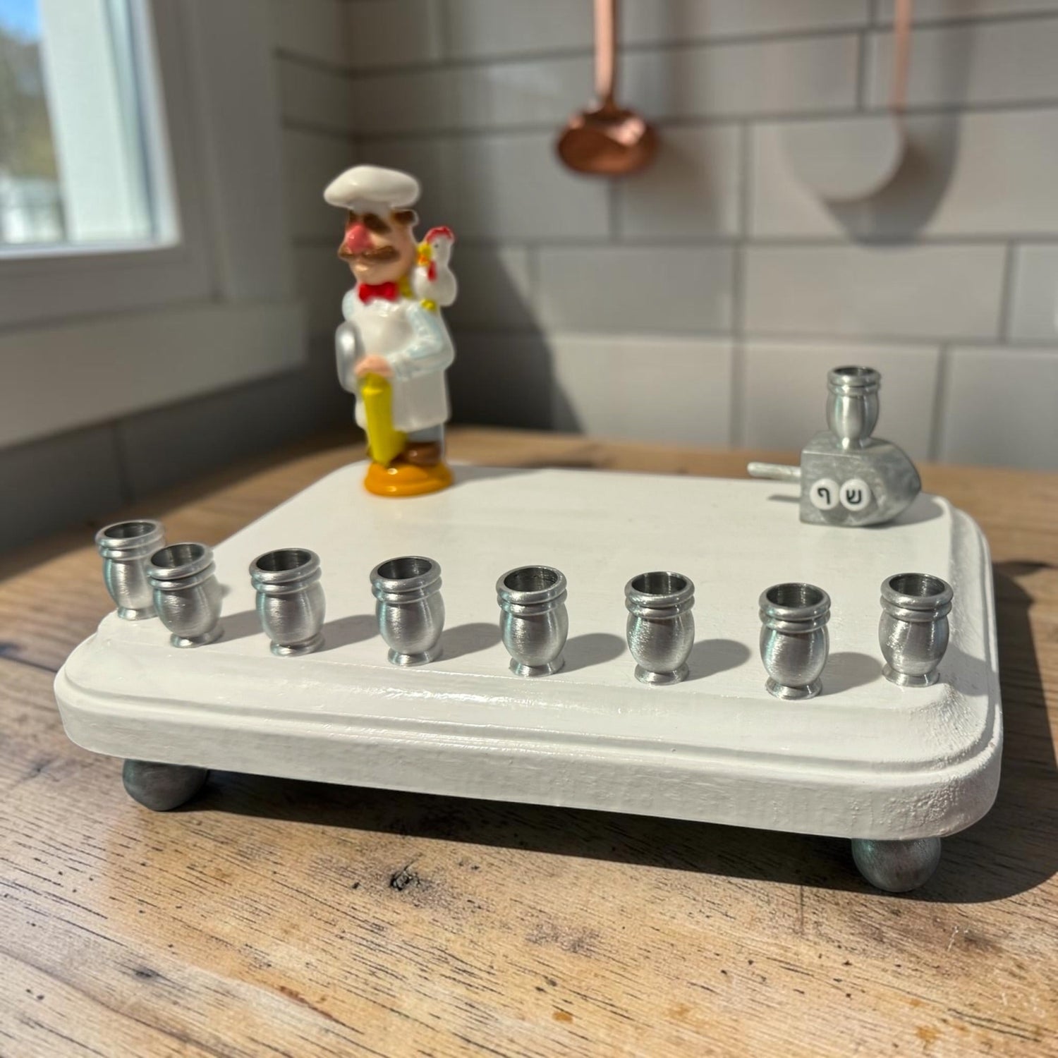Swedish Chef menorah — Muppets chef figure with Hebrew bead dreidel and aluminum cups | Judaica Square Lakewood (view 8)