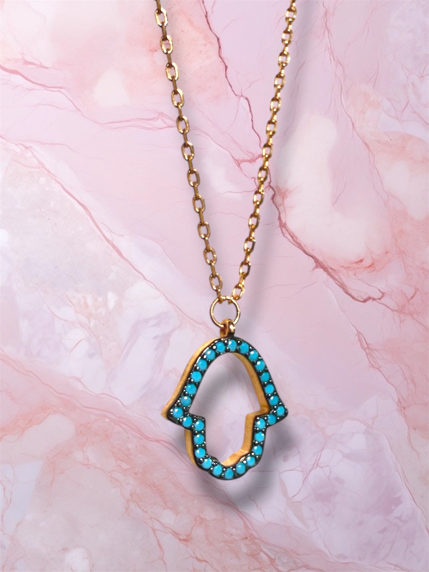 Rose gold hamsa necklace — open hand with blue gemstone | Judaica Square Lakewood (view 6)