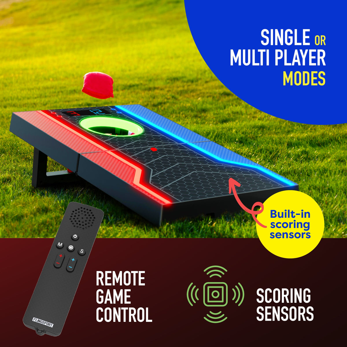 FlingSport Electronic Cornhole Board Set with Remote Scoring — product view, view 3 | Judaica Square Lakewood